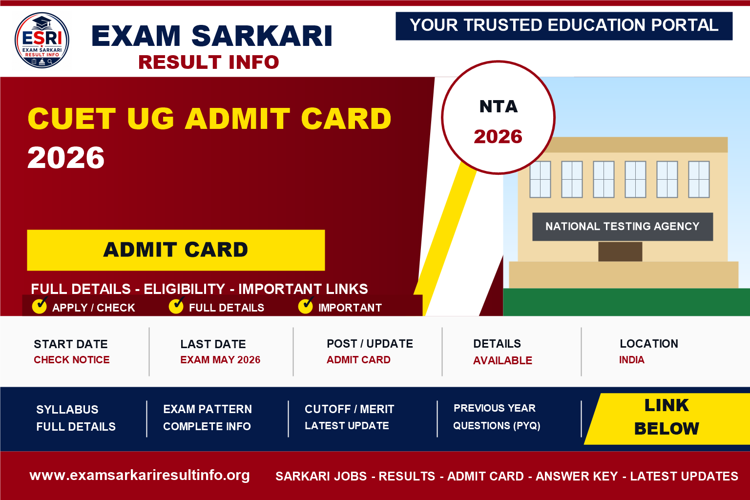 CUET UG Examination 2026 : Short Details post details image